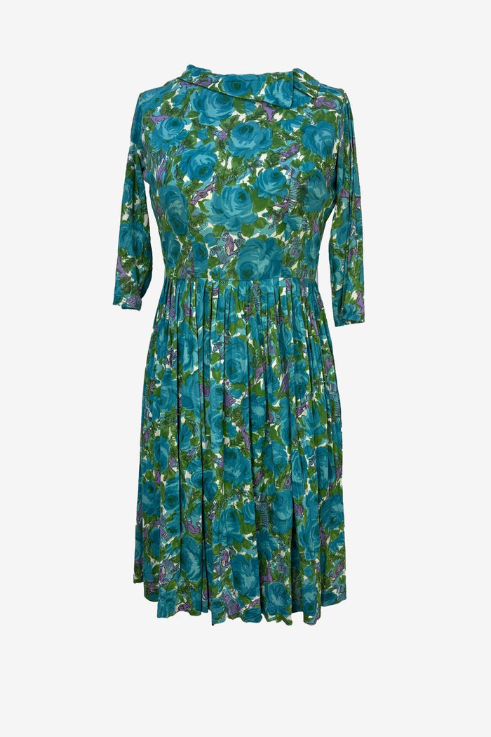 1960s aqua blue & green country print dress