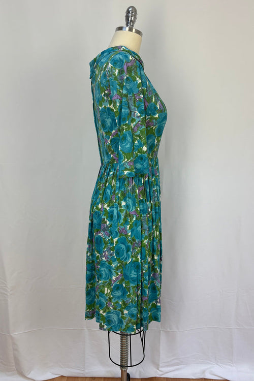 1960s aqua blue & green country print dress