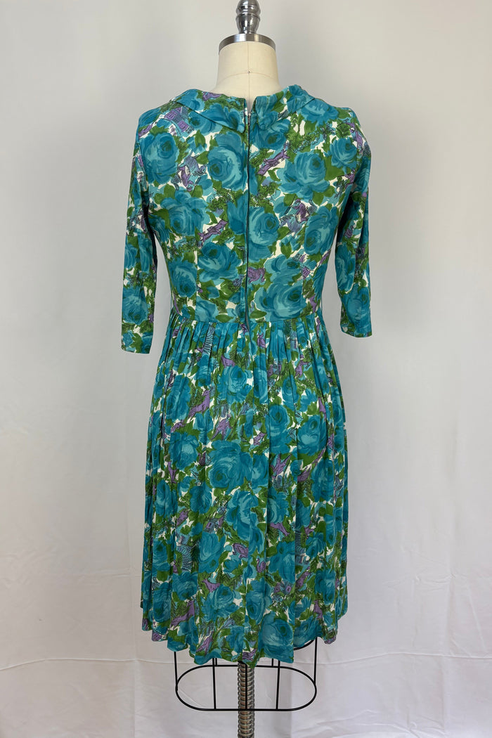 1960s aqua blue & green country print dress