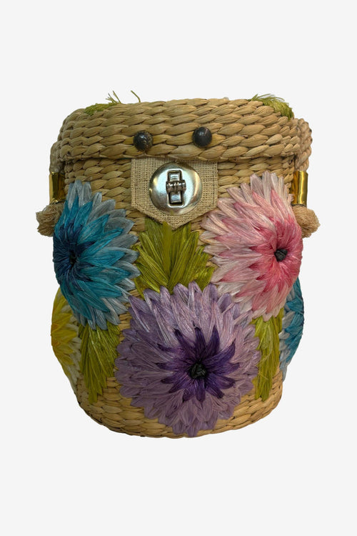 1960s Vintage Floral Straw Basket Bag