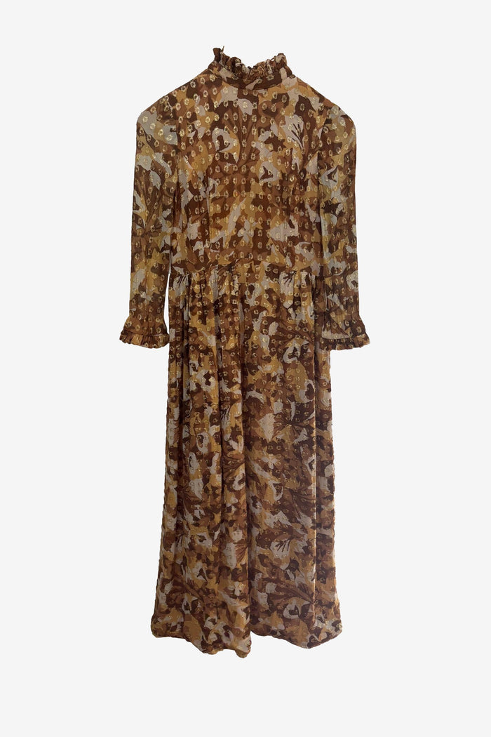 1970 Prairie tea dress with high ruffle neck and  sleeves brown with gold fleck