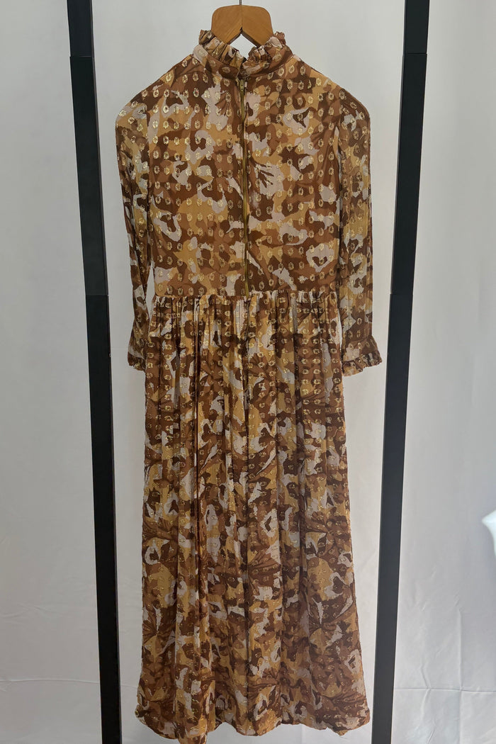 1970 Prairie tea dress with high ruffle neck and  sleeves brown with gold fleck