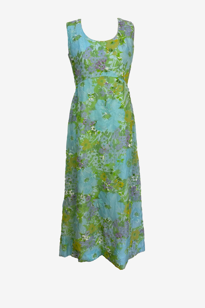 2 Piece Blue floral maxi dress with matching chiffon button front coat