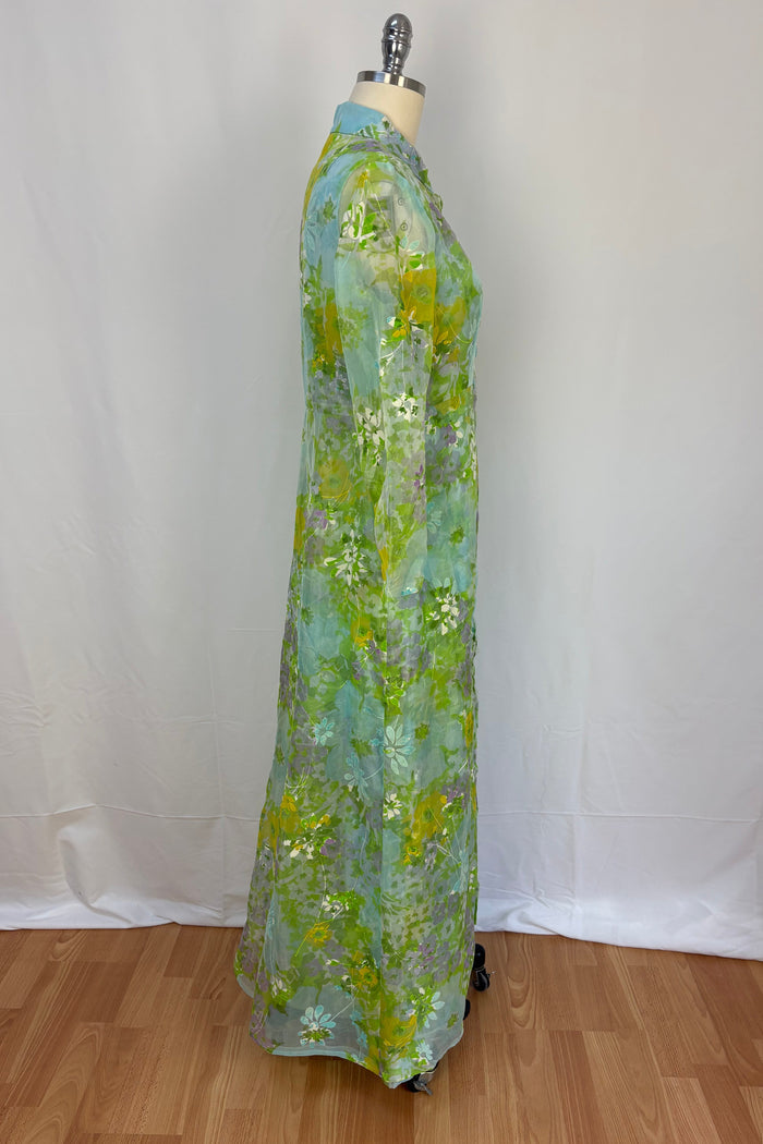 2 Piece Blue floral maxi dress with matching chiffon button front coat