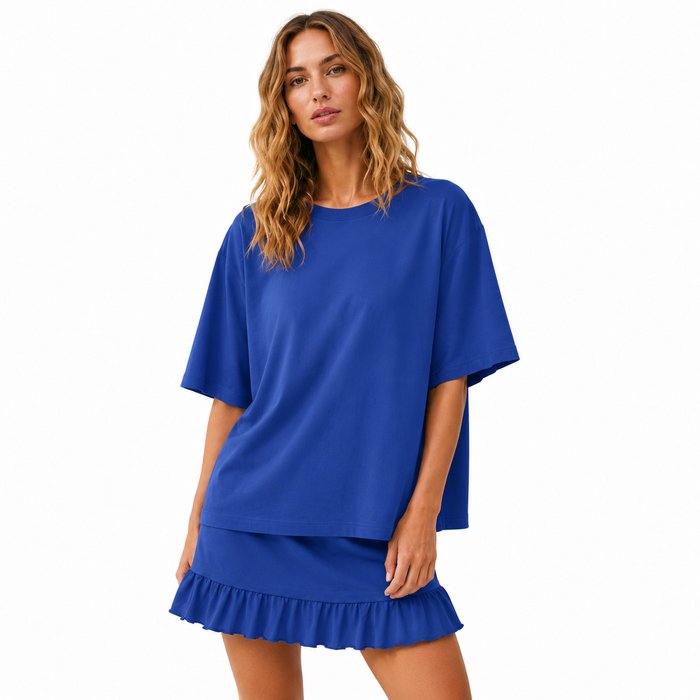 Women solid color matching set with casual short sleeve top and short skirt for relaxed yet polished daily looks anytime wear