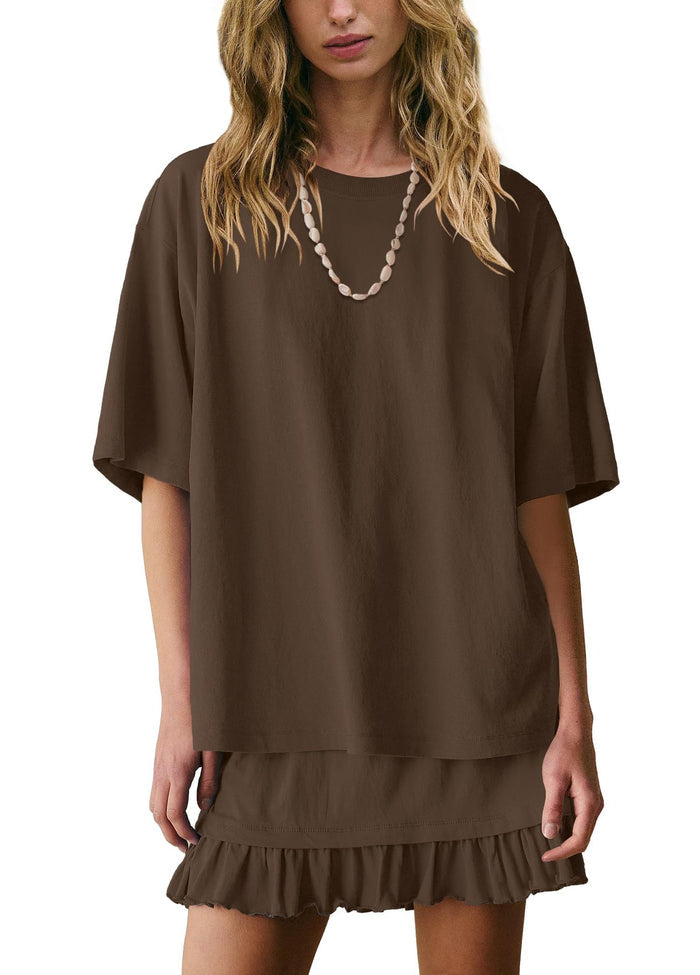 Loose short sleeve top with matching short skirt for women, shown as a versatile solid color casual outfit set for busy days.