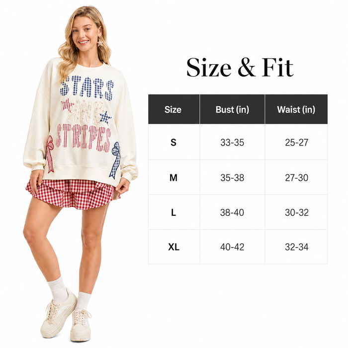 Stars and stripes sweatshirt showing applique craft, playful bow accent, ribbed cuffs and casual holiday styling for her now!