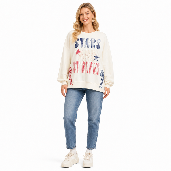 Fourth of July women sweater with embroidered look, gingham lettering, bow detail and easy casual fit for holiday outfits now
