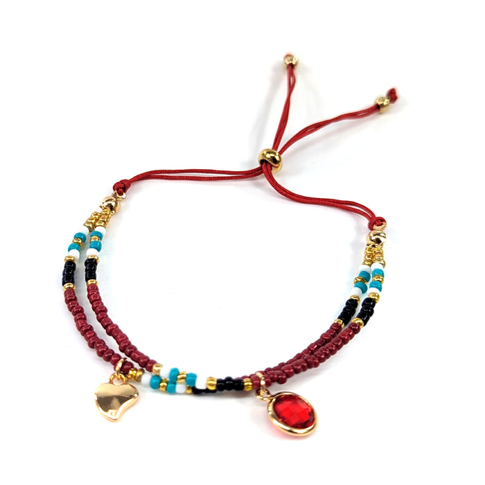 Adjustable Double Seed Bead Bracelet - Red