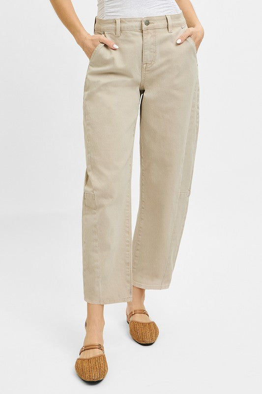 Risen Jeans almond denim barrel jeans with no rips showing close up front view