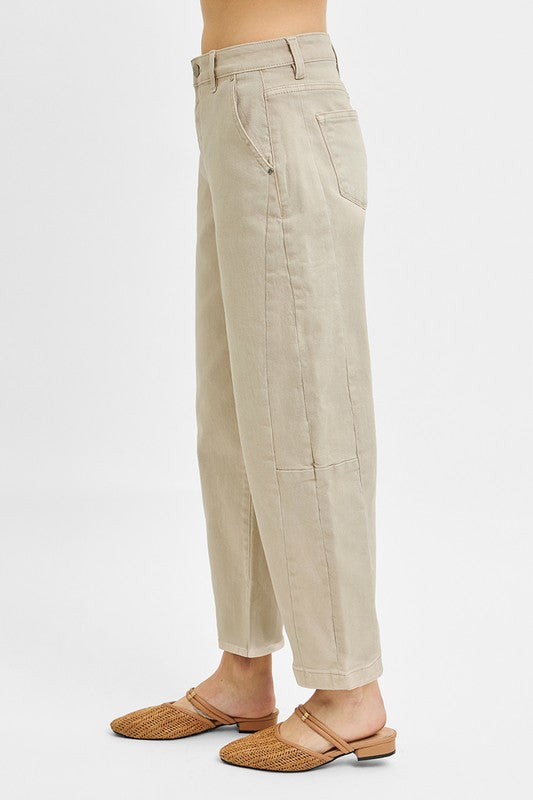 Risen Jeans almond denim barrel jeans with no rips showing side view