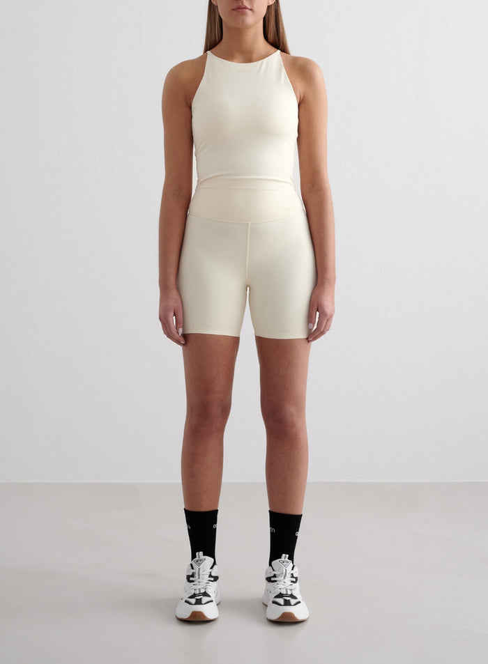 Almond White Sense Midi Biker Shorts & Halter Bralette Set