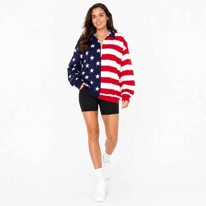 American flag sweatshirt for women shown with half zip detail, star and stripe art, long sleeves and casual everyday styling.