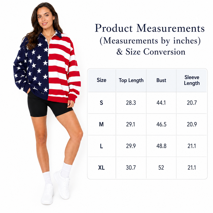 Women's half zip sweatshirt shown with American flag star and stripe design, long sleeves and a casual patriotic outfit look.