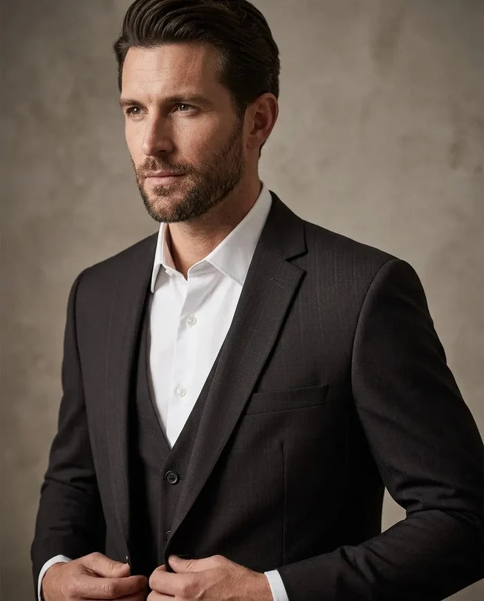 Man wearing a dark suit and white shirt against a neutral background
