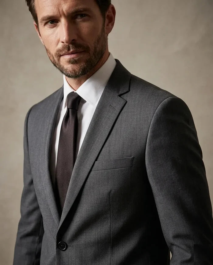 Man wearing a gray suit with a brown tie against a neutral background