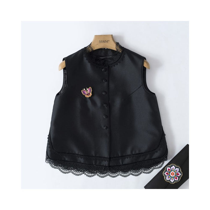 Asaya1580 YXF0087 Xiajia retro lace silk wool vest women s loose short outer wear Tang suit top