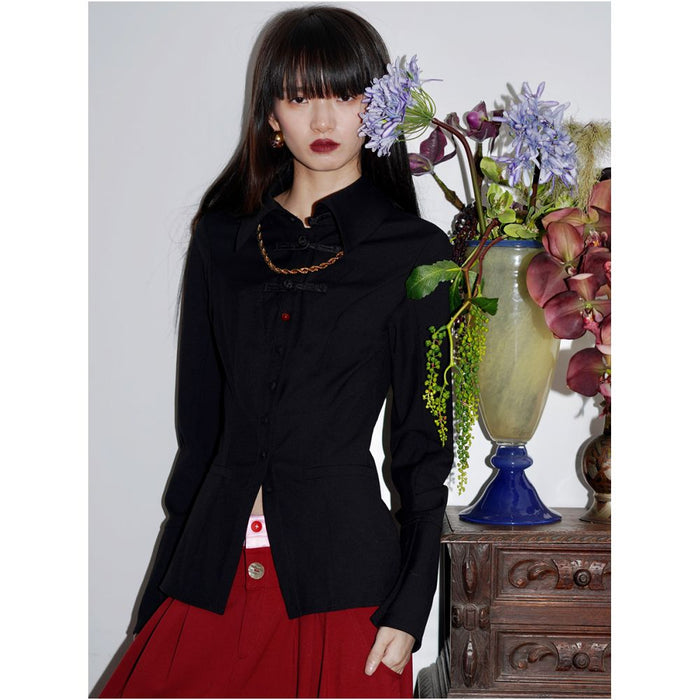 Bad Taste Western New Chinese Wool Blended Handmade Pan Button Hollow out Shirt Top image 1