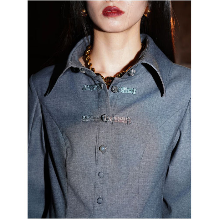 Bad Taste Western New Chinese Wool Blended Handmade Pan Button Hollow out Shirt Top image 2