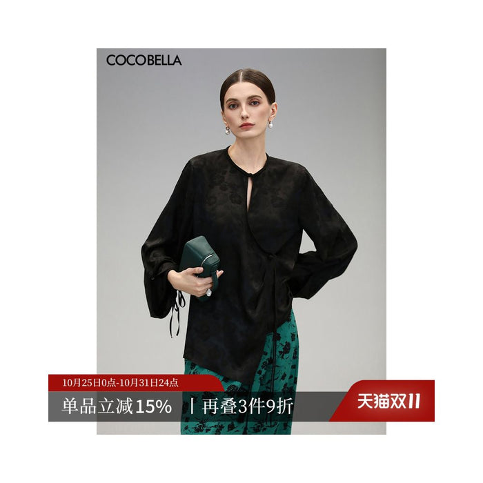 COCOBELLA New Chinese Dark Pattern Jacquard Satin Shirt with Side placket and Buckle Top SR3061B 3 image 0
