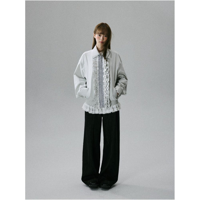 LOST FOREST Lazy Holiday Sweet Girlish Casual Lace Single Layer Cotton Jacket with Ruffled Trim image 1