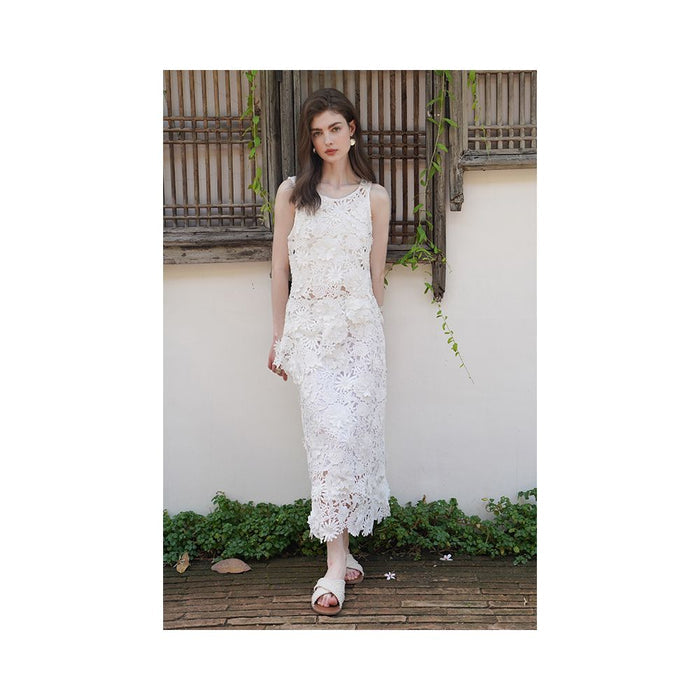miorastudio Summer Capsule Collection French Crochet Heavy Ink White 3D Floral Lace Irregular Top image 1