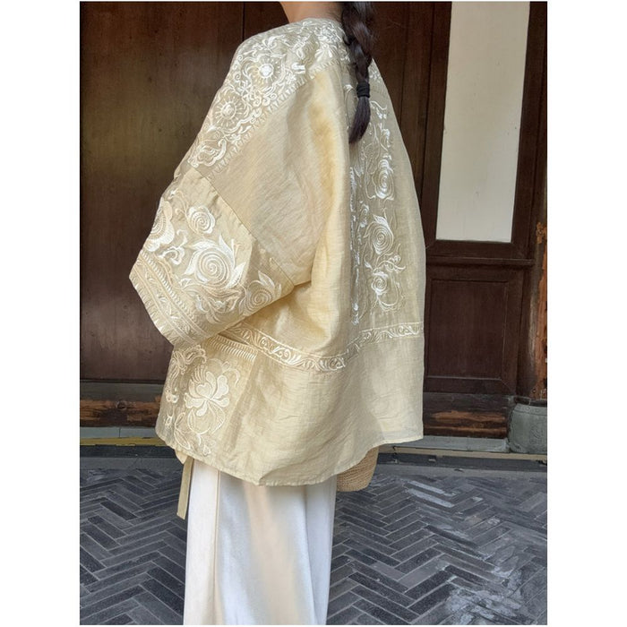 BLUE Y Chinese style new high end linen handmade heavy embroidery top women s loose goose yellow image 0