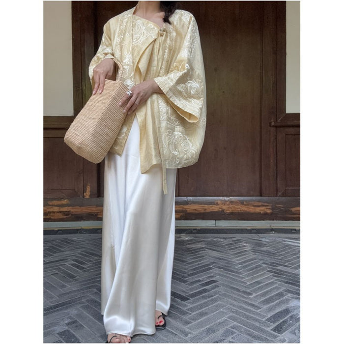 BLUE Y Chinese style new high end linen handmade heavy embroidery top women s loose goose yellow image 1