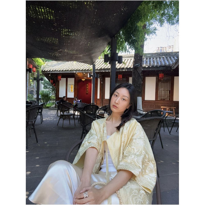 BLUE Y Chinese style new high end linen handmade heavy embroidery top women s loose goose yellow image 2