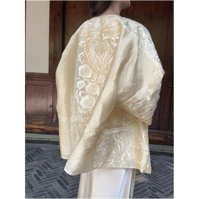 BLUE Y Chinese style new high end linen handmade heavy embroidery top women s loose goose yellow image 3