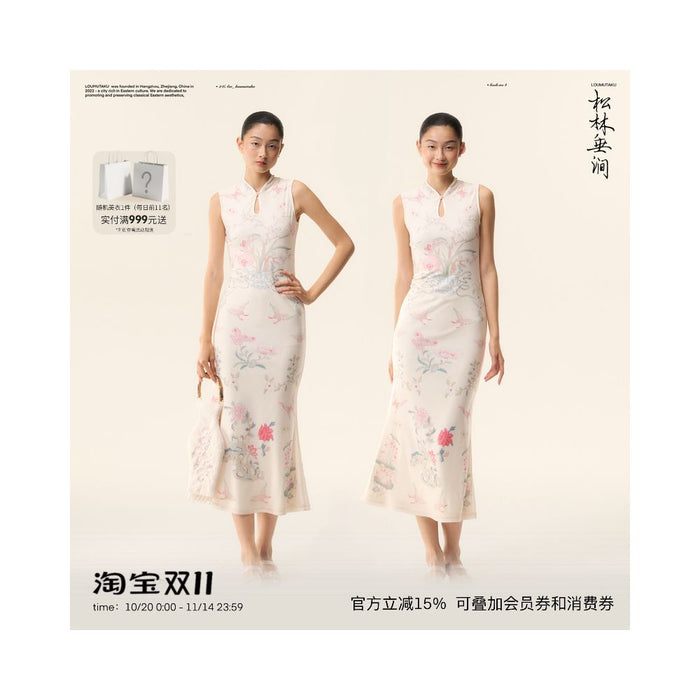 LOUMUTAKU Mengze Moon Glazed Peony New Chinese Vase Porcelain Hand drawn Mesh Cheongsam Dress image 0