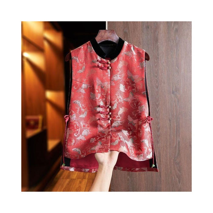 2025 Hot Selling New Chinese Style Vest Retro Jacquard Top Red Women s Vest for Outerwear image 2