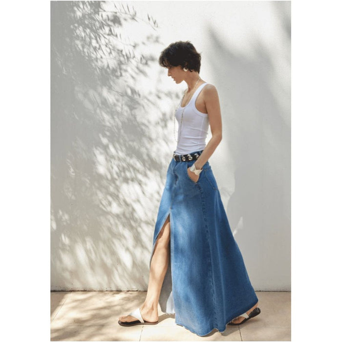 MADEINAM Cool Tencel Denim High Waist Slimming Retro Hairy Edge Design Front Split Denim Skirt image 1