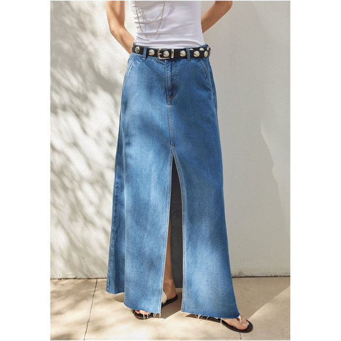 MADEINAM Cool Tencel Denim High Waist Slimming Retro Hairy Edge Design Front Split Denim Skirt image 2