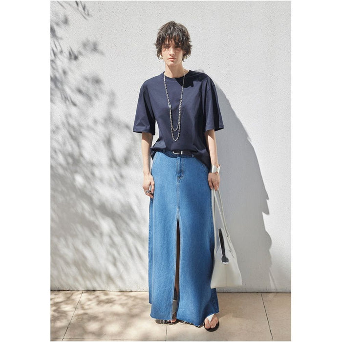 MADEINAM Cool Tencel Denim High Waist Slimming Retro Hairy Edge Design Front Split Denim Skirt image 3
