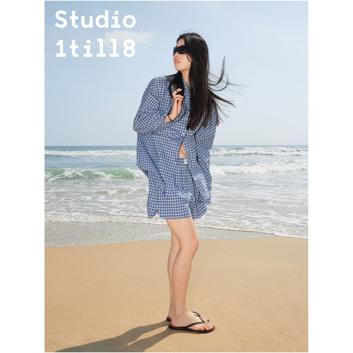 Studio1till8 raglan sleeves lazy neutral style striped shirt elastic waist casual shorts set image 0