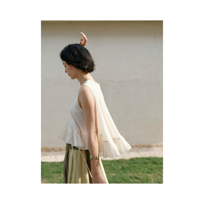 Beerkun Cute Summer Japanese Texture Cotton Handmade Folded French Lace Strap Top image 1