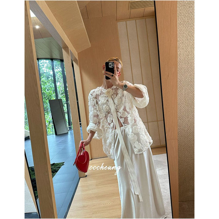 happy Yi Xi 5 16 French Resort Style 3D Embroidered Rose Design Reversible Sunscreen Set image 3