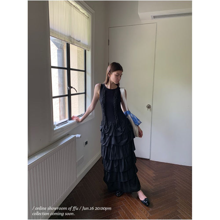 ASAYA6323 – Noir Pearl Cascade Dress 🖤✨