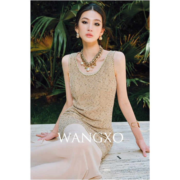 WANGXO Satin Splicing Jocel u0026Elastic Bright Silk Knitted Strap Skirt u0026Vest Skirt Set image 1