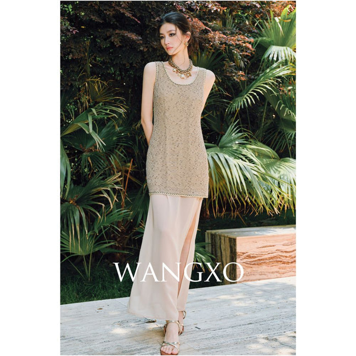 WANGXO Satin Splicing Jocel u0026Elastic Bright Silk Knitted Strap Skirt u0026Vest Skirt Set image 2