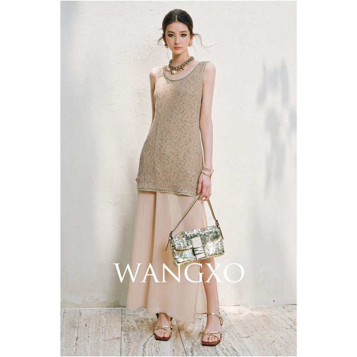 WANGXO Satin Splicing Jocel u0026Elastic Bright Silk Knitted Strap Skirt u0026Vest Skirt Set image 4