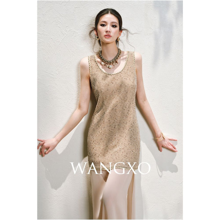 WANGXO Satin Splicing Jocel u0026Elastic Bright Silk Knitted Strap Skirt u0026Vest Skirt Set image 5