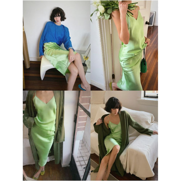 Bettychow Lemon Green Elastic Silk Strap Top High Waist Slimming and Smooth Fishtail A line Skirt image 0