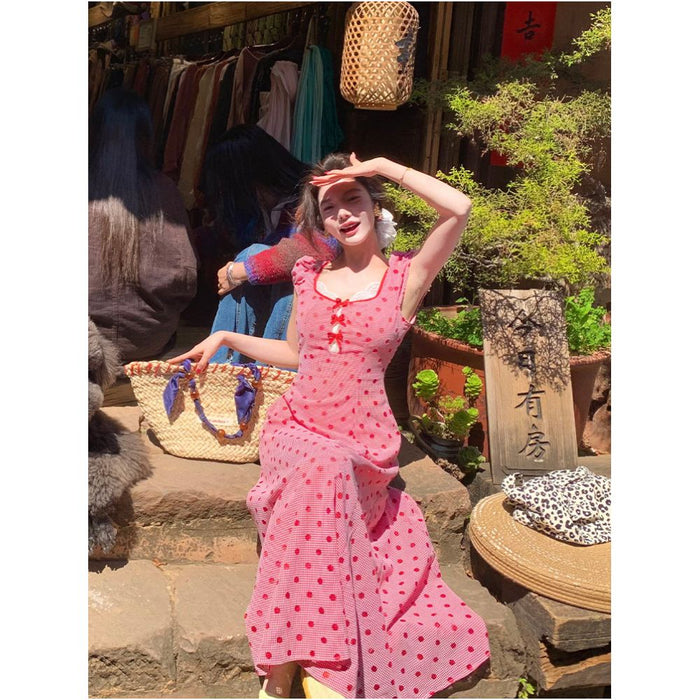 Rosselora original design Red polka dot dress with sweet lace trim and high waisted bow maxi skirt image 0