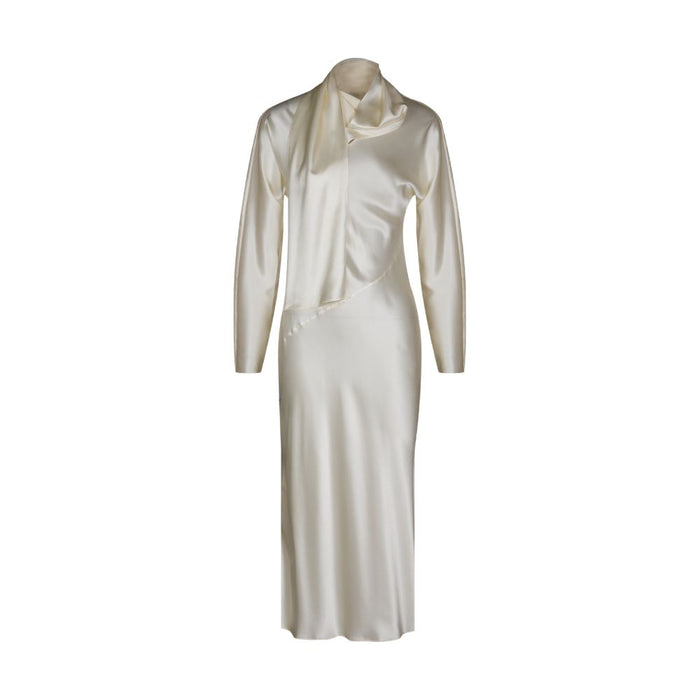 Asaya773 - SAKINAWANG 22 Summer Silk Crepe Slant Cut Scarf Style Slim Fit Waist Long Sleeve Dress Solid Color