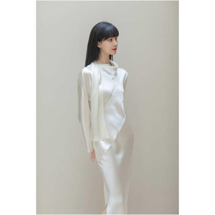 SAKINAWANG 22 Summer Silk Crepe Slant Cut Scarf Style Slim Fit Waist Long Sleeve Dress Solid Color image 0