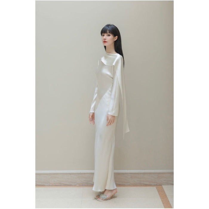 SAKINAWANG 22 Summer Silk Crepe Slant Cut Scarf Style Slim Fit Waist Long Sleeve Dress Solid Color image 3