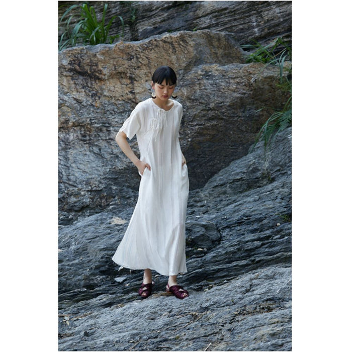 PaleBlueDot Blue Dot Original Designer White Striped Hollow Oblique Front Improved Cheongsam Dress image 2
