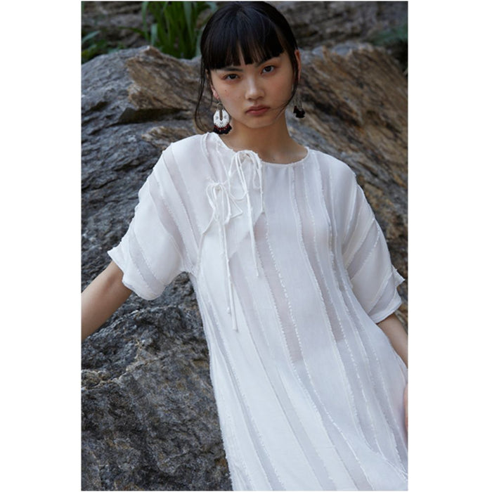 PaleBlueDot Blue Dot Original Designer White Striped Hollow Oblique Front Improved Cheongsam Dress image 3